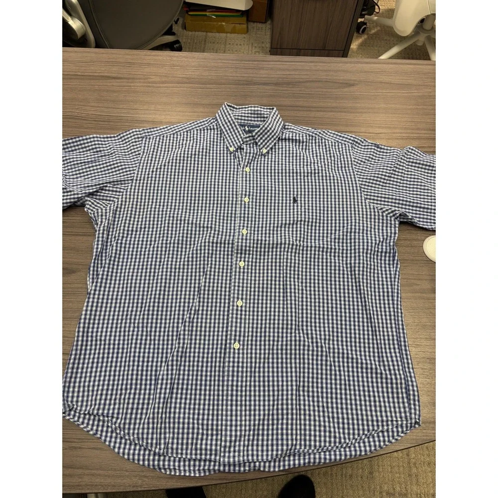 Ralph Lauren Blake Blue White Gingham Check Button Down Shirt Mens Size L Cotton